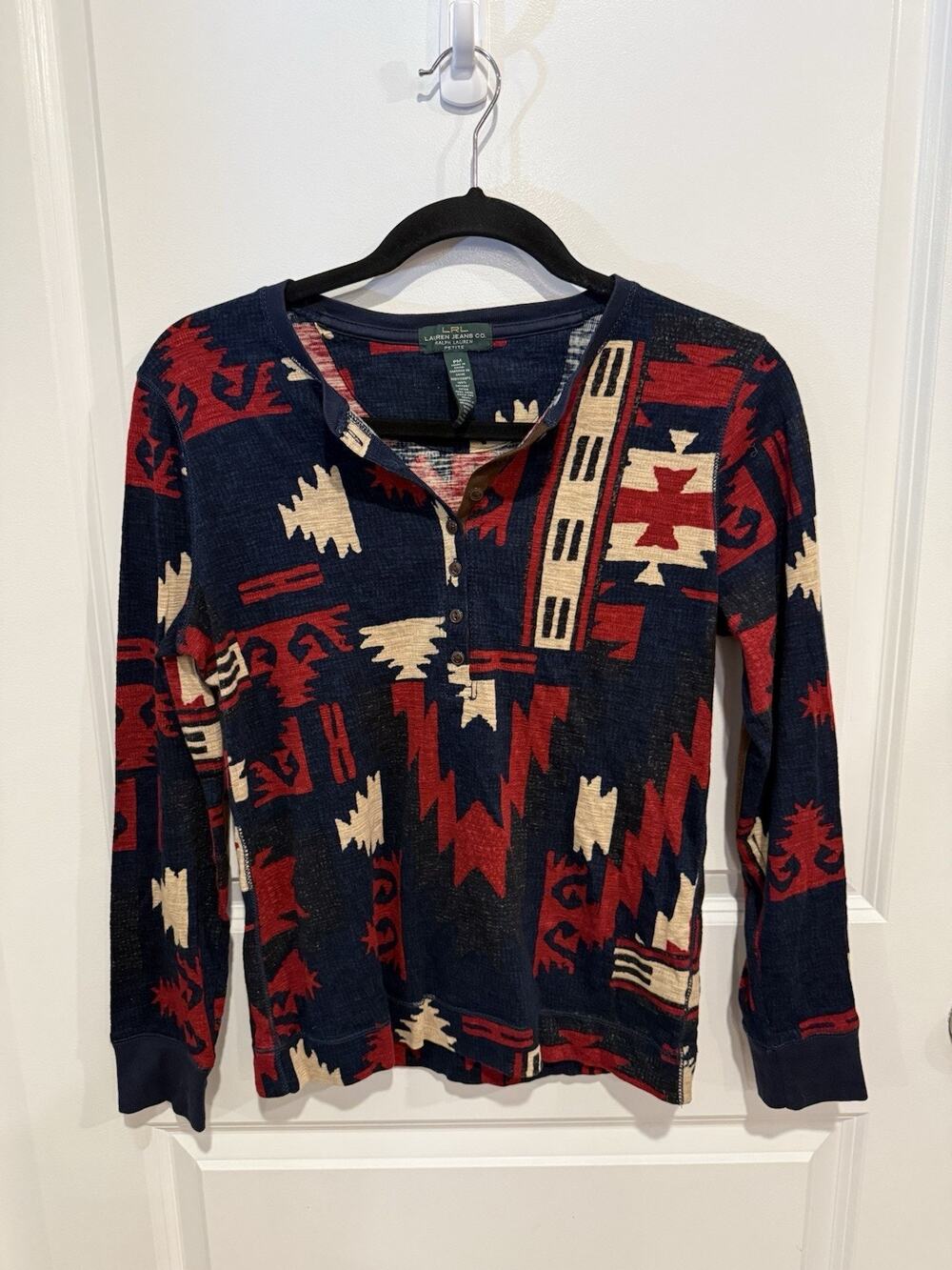 Lauren Ralph Lauren Red/Ivory/Blue Aztec Inspired Patterned Henley Sz PM Western